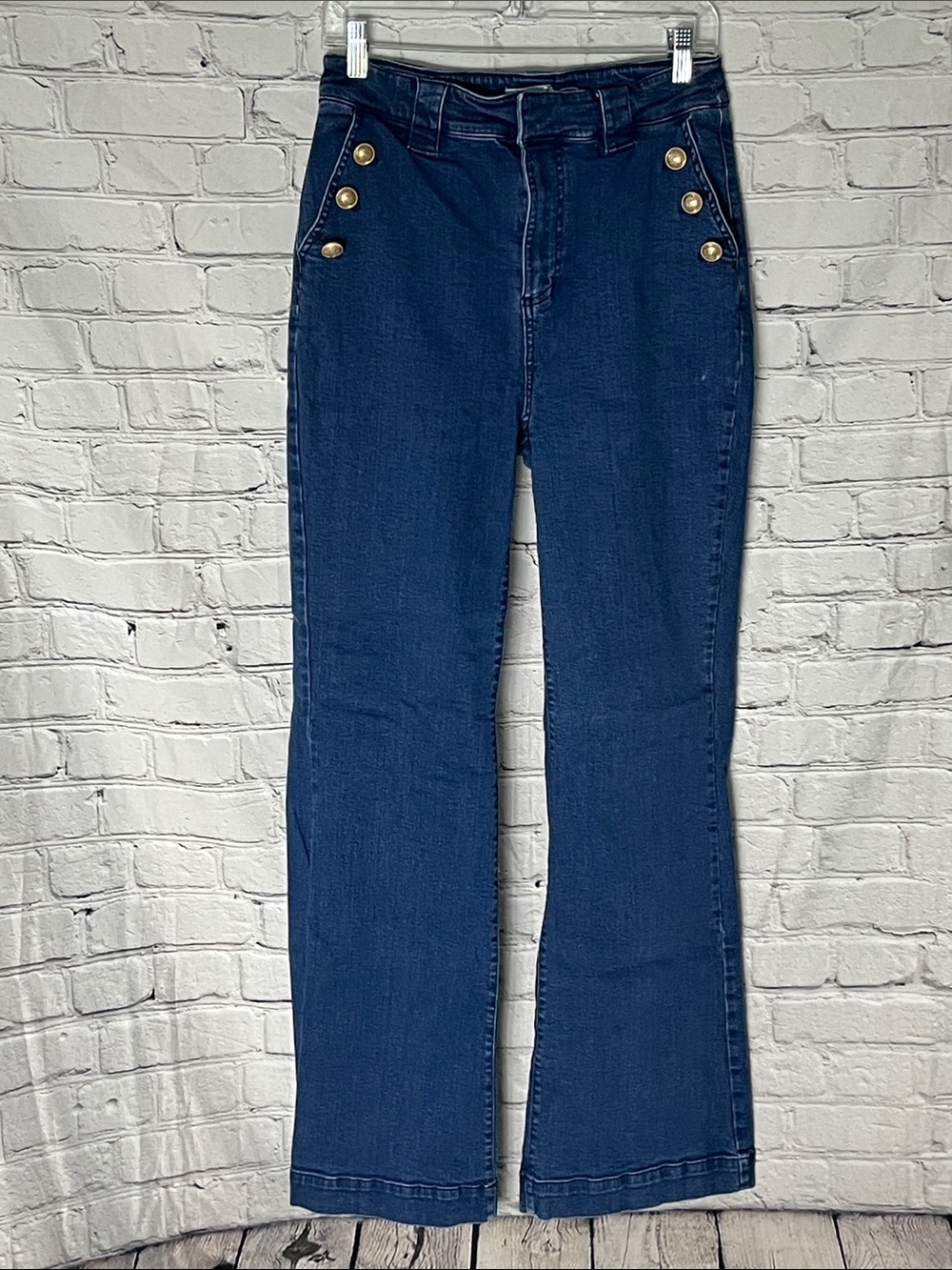 Avec Les Filles Dark Blue High-Rise Flare Jeans with Gold Buttons